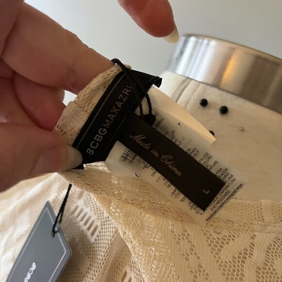 BCBG L Agda Cream Off White Lace Mesh See Through Stretch Top Shirt POSH56 - Picture 10 of 12